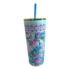 Lilly Pulitzer Floral Stainless Steel Tumbler  Gold Lid & Blue Straw Travel Cup